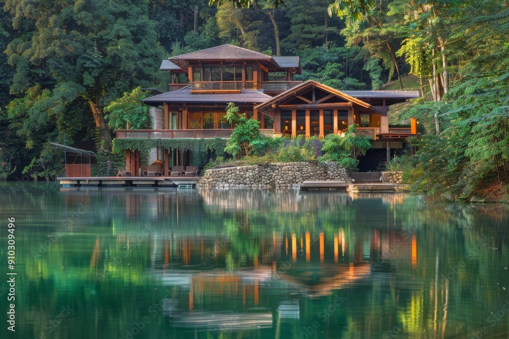 A serene lakefront house with lush greenery, Imagine the beauty of a serene lakeside retreat surrounded by lush forests., Ai generated A serene lakefront house with lush greenery, Imagine the beauty of a serene lakeside retreat surrounded by lush forests., Ai generated