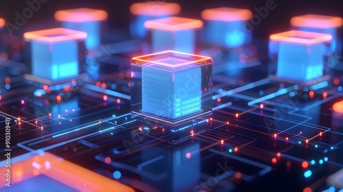 Futuristic glowing cubes representing a digital circuit board, symbolizing blockchain technology, data processing, and modern computing.