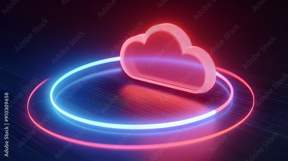 Futuristic glowing neon cloud icon within a circular neon light frame on a dark background, symbolizing cloud computing and technology. Futuristic glowing neon cloud icon within a circular neon light frame on a dark background, symbolizing cloud computing and technology.