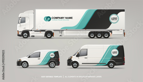 Realistic vector Van, Truck, Delivery Car mockup with graphics design for branding and corporate identity. Abstract graphics of blue stripes for  vehicle branding and advertising