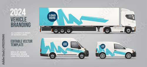 Realistic vector Van, Truck, Delivery Car mockup with graphics design for branding and corporate identity. Abstract graphics of blue stripes for  vehicle branding and advertising