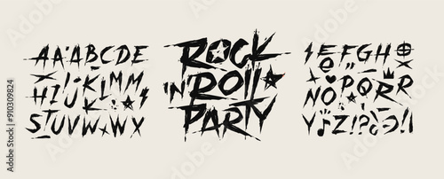 Rock Music Party grunge type font alphabet with signs and symbols (editable vector set 2). Street Art grunge type font. Punk and Rock n Roll style elements collection for tee print and textile design