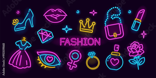 Girly fashion neon icons of parfume, make-up eye, jewelry. Princess crown icon, dress, pink lipstick. Lady's accessories and things icons. Girls fashion vector neon make-up icons and signs. 