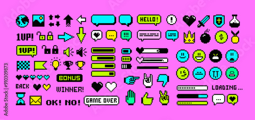 8-bit Game pixel icons set in 80s - 90s style. Perfect pixel icons of game props, download bar, office icons, gestures and cursors. Retro Game loot and awards pixel art. Editable vector