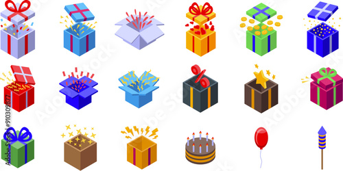 Giftbox confetti explosion icons set. Set of colorful gift boxes opening with confetti, balloons, cake, firework and other surprise elements isometric icons