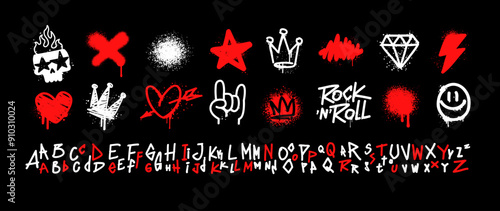 Rock doodle icons and Street Art Graffiti tags of heart, diamond, star, rock, crown - editable vector set. Graffiti and Rock'n'Roll Doodle collection with Font Type in dirty grunge style