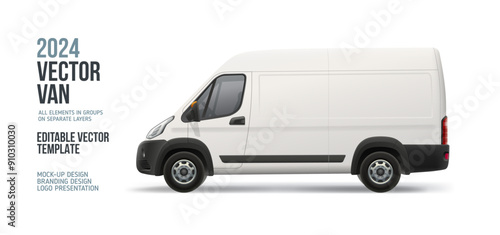 Modern Delivery Van Truck Side view blank mockup. White Cargo Van with space for text or your branding design - realistic editable vector template. Horizontal blank for banner and advertesment