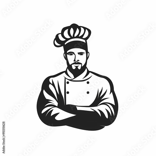 Minimalist black and white chef icon in classic hat, bold and professional culinary logo design for branding, restaurant, kitchen, food industry