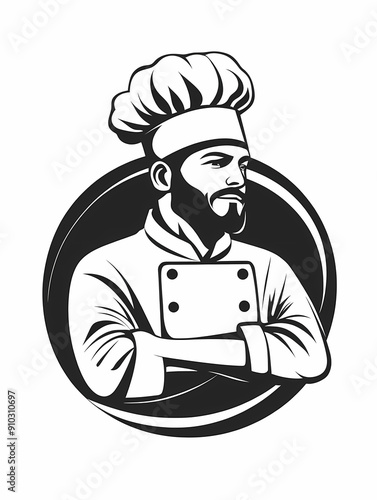 Minimalist black and white chef icon in classic hat, bold and professional culinary logo design for branding, restaurant, kitchen, food industry