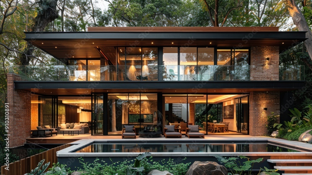 Modern House with a Swimming Pool in a Lush Garden Modern House with a Swimming Pool in a Lush Garden