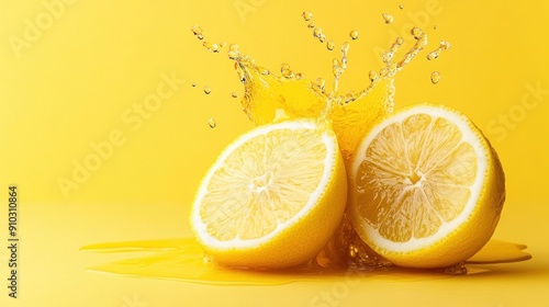 Two lemon halves with a splash of juice on a yellow background.