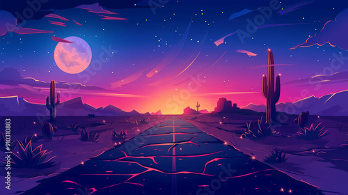 The Night summer desert road, with sandy dunes, cactus and plants with full moon, game background, Illustration