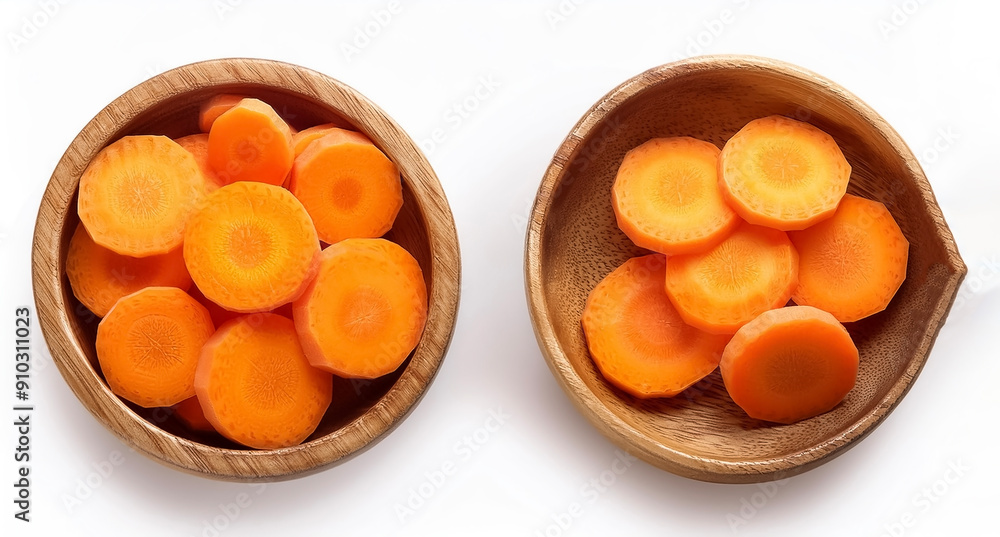 carrot slice in wooden bowl isolated on white background carrot slice in wooden bowl isolated on white background