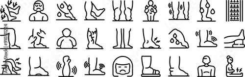 Edema icons set. People suffering from leg pain and tiredness showing symptoms of diseases like varicose veins, foot deformities and edema