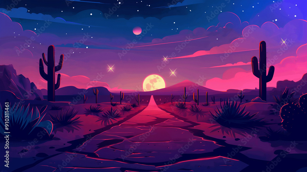 Naklejka premium The Night summer desert road, with sandy dunes, cactus and plants with full moon, game background, Illustration