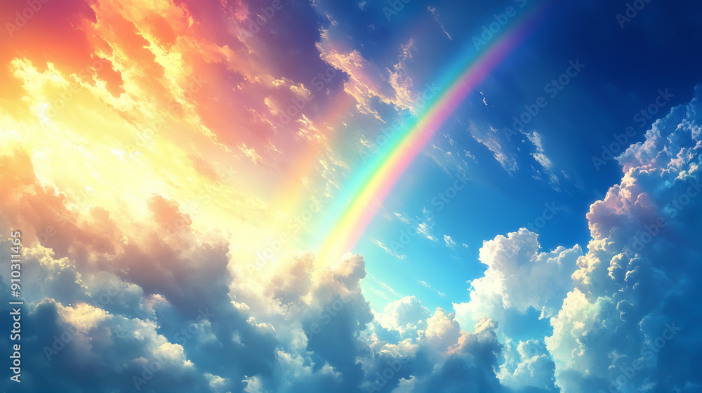 Stunning vibrant rainbow arching through a dramatic sky with radiant clouds and sunlight, creating a breathtaking natural spectacle. Stunning vibrant rainbow arching through a dramatic sky with radiant clouds and sunlight, creating a breathtaking natural spectacle.