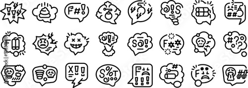 Swear speech bubble icons set. Set of icons representing people expressing negative emotions with swear words, insults, and aggressive symbols in speech bubbles