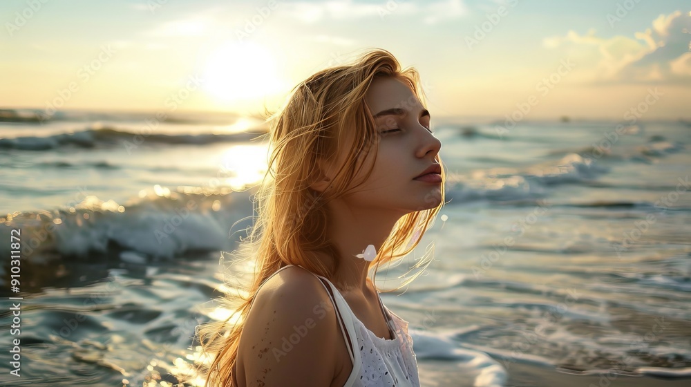 Graceful young woman with light blonde hair by the ocean shore, realistic portrait Graceful young woman with light blonde hair by the ocean shore, realistic portrait