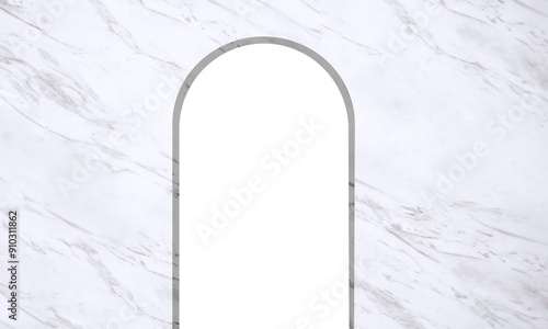 Transparent arch door frame on white marble wall background, png file