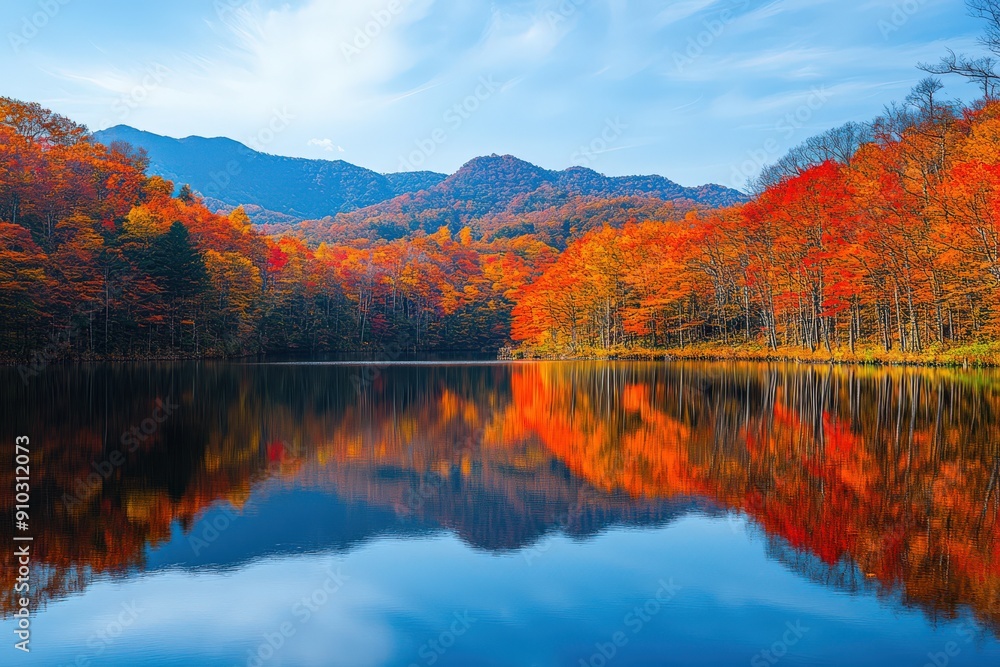 Obraz premium Stunning Autumn Landscape with Vibrant Foliage Reflecting on a Serene Lake with Mountain Backdrop
