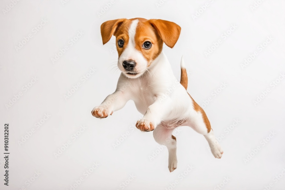 A small brown and white dog is jumping in the air. The dog is in the middle of the image and is the main focus A small brown and white dog is jumping in the air. The dog is in the middle of the image and is the main focus