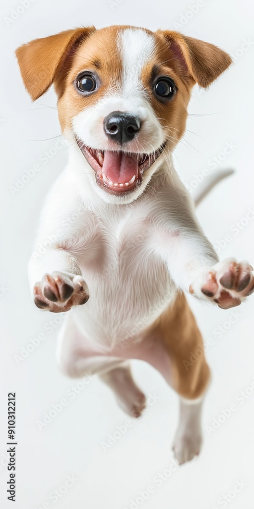 A happy dog is jumping in the air. The dog is white and brown A happy dog is jumping in the air. The dog is white and brown