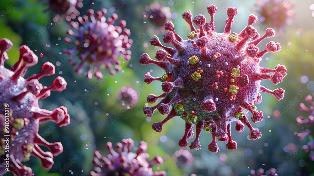 Detailed close-up of a virus, showcasing intricate structures and vibrant colors, highlighting the microscopic world of pathogens. Detailed close-up of a virus, showcasing intricate structures and vibrant colors, highlighting the microscopic world of pathogens.