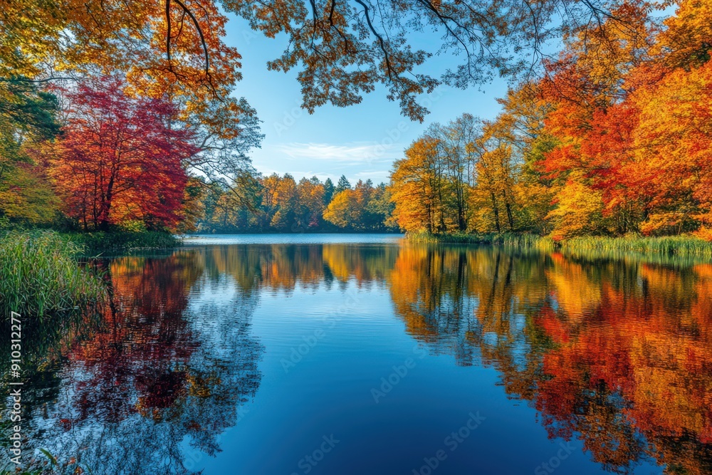Serene Autumn Landscape with Vibrant Foliage Reflecting in a Tranquil Lake Under a Clear Blue Sky Serene Autumn Landscape with Vibrant Foliage Reflecting in a Tranquil Lake Under a Clear Blue Sky