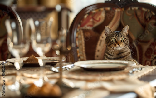 A tabby cat sits on a chair at a formal dinner table, waiting for Thanksgiving dinner. 