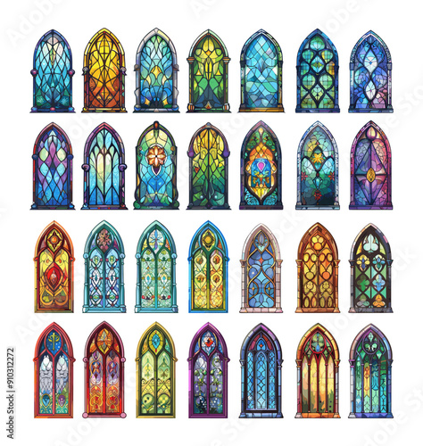 Colored crystal windows cartoon vector concepts. Chapel gothic elaborate ornament basilica vintage mosaic conventional craft medieval designs arched components isolated on white backdrop