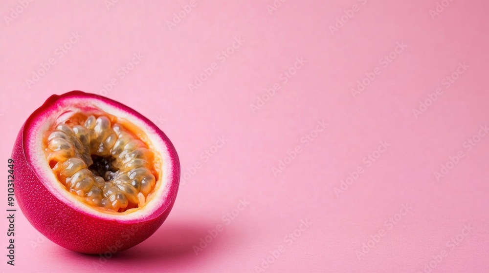 Close-up of a halved passion fruit on a pink background. Close-up of a halved passion fruit on a pink background.