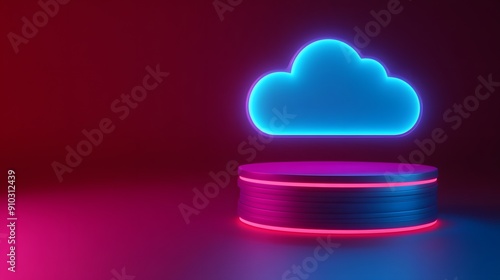 Futuristic neon cloud icon over a glowing platform, representing digital technology and cloud computing concepts.