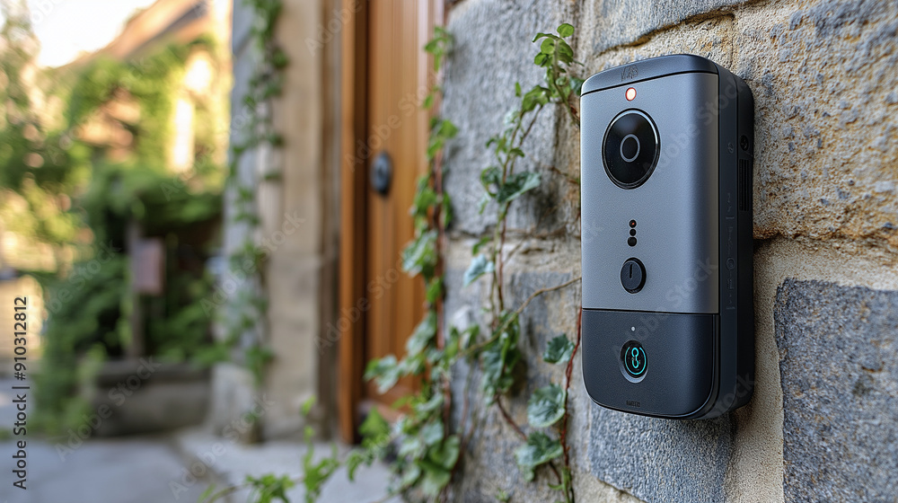 A telephoto angle photo of a modern doorbell with a flashing light alert installed by the front door, with copy space A telephoto angle photo of a modern doorbell with a flashing light alert installed by the front door, with copy space