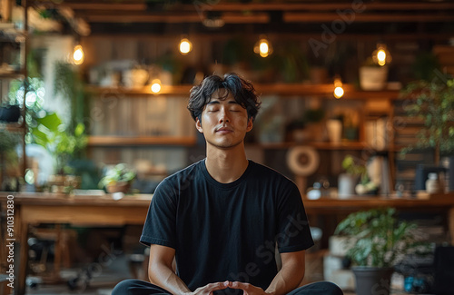 Serene Asian Man Meditating in Cozy Plant-Filled Home Office