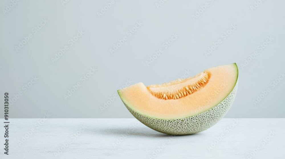 A juicy cantaloupe melon slice on a white table. A juicy cantaloupe melon slice on a white table.