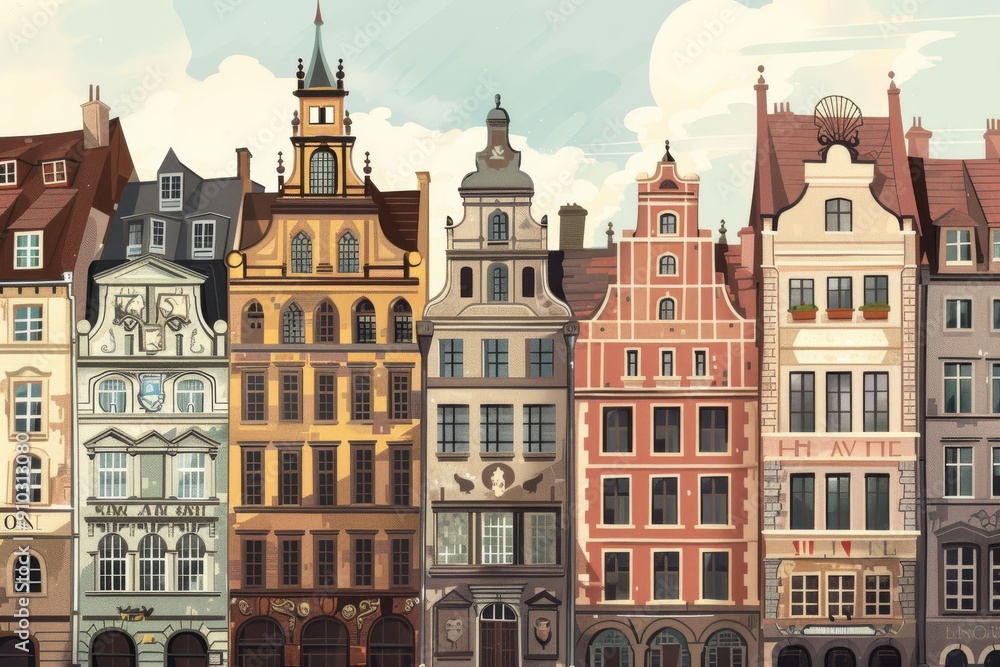 Fototapeta premium A bustling urban landscape filled with towering city buildings, Illustrate the intricate architecture of a historic European city. AI generated