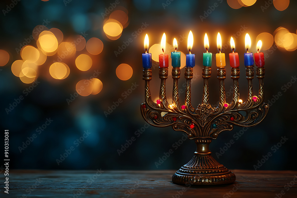 image of jewish holiday Hanukkah with menorah (traditional Candelabra), donuts and wooden dreidels (spinning top) image of jewish holiday Hanukkah with menorah (traditional Candelabra), donuts and wooden dreidels (spinning top)