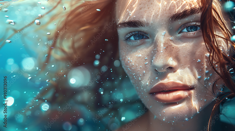 A woman's face underwater with blue, white and orange tones, capturing the beauty and serenity of summer.
A woman's face underwater with blue, white and orange tones, capturing the beauty and serenity of summer.