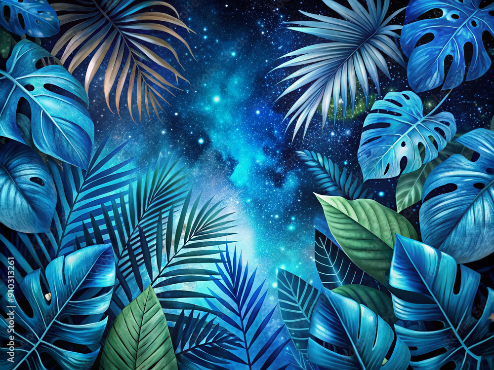Vibrant blue-hued tropical leaves and foliage plants float against a stunning starry night sky, evoking a sense of exotic wonder and celestial exploration. Vibrant blue-hued tropical leaves and foliage plants float against a stunning starry night sky, evoking a sense of exotic wonder and celestial exploration.