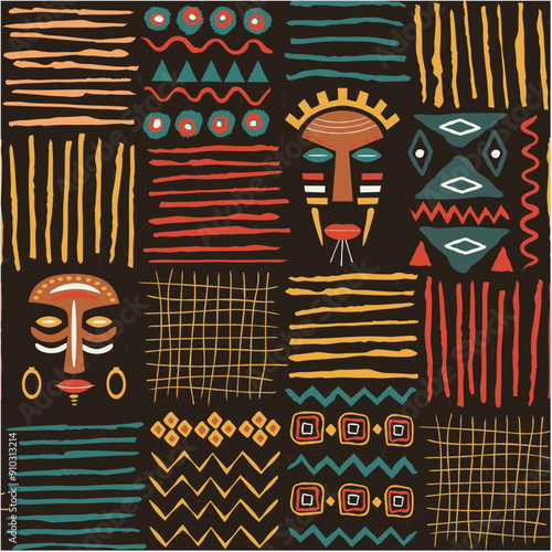 African tribal ethnic pattern, abstract seamless pattern with ornament and african masks