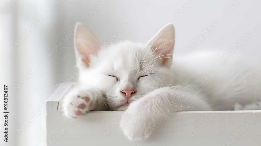 Obraz premium White kitten sleeping peacefully on a white surface with soft pink nose, evoking a sense of tranquility and innocence. 