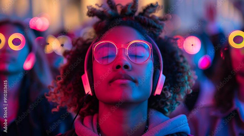 african american woman in gaming zone, silent disco with neon lights african american woman in gaming zone, silent disco with neon lights