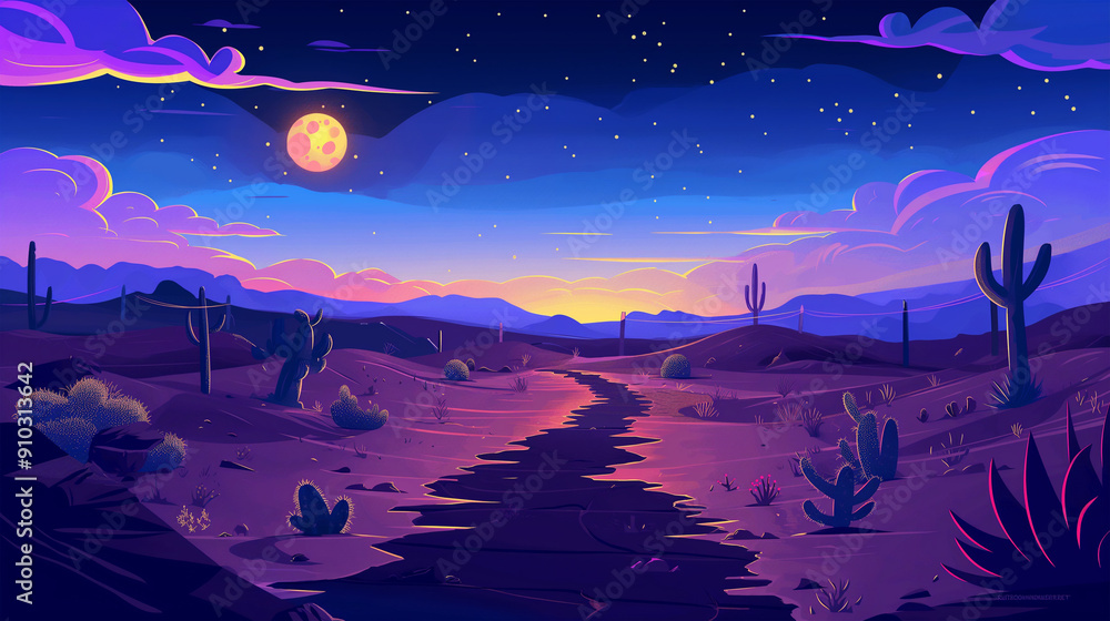 The Night summer desert road, with sandy dunes, cactus and plants with full moon, game background, Illustration The Night summer desert road, with sandy dunes, cactus and plants with full moon, game background, Illustration