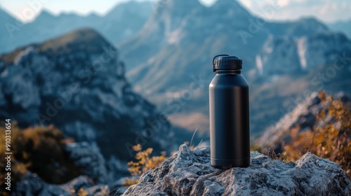 Black Water Bottle in Mountainous Landscape