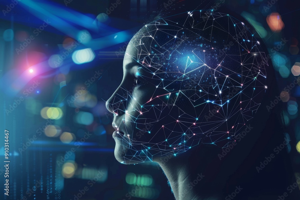 Futuristic AI Concept with Digital Network Connections on Human Face Futuristic AI Concept with Digital Network Connections on Human Face