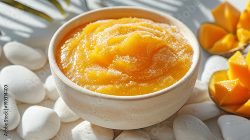 Bowl of mango puree with sugar, surrounded by mango slices.