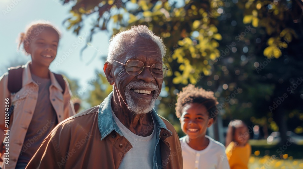 An elderly man shares joyful moments with children, laughing together in a vibrant park under the sun An elderly man shares joyful moments with children, laughing together in a vibrant park under the sun