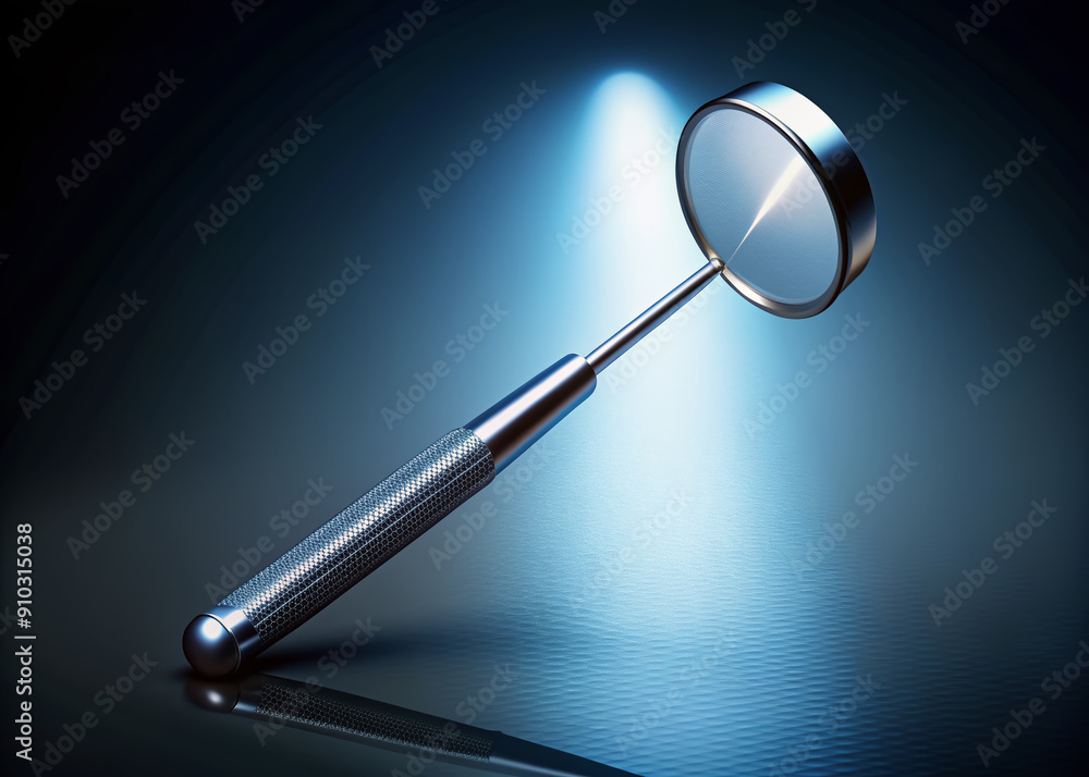 Angled dental mirror lies solo on a clean, blue-gray background, spotlight shining upon it, evoking a sense of professional, meticulous oral examination and care.