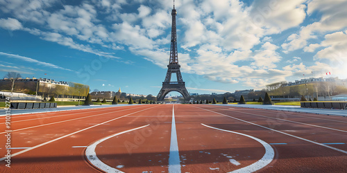 Red running track with Eiffel Tower in background, blue sky, inspiring athletic achievement in Paris. 
 photo