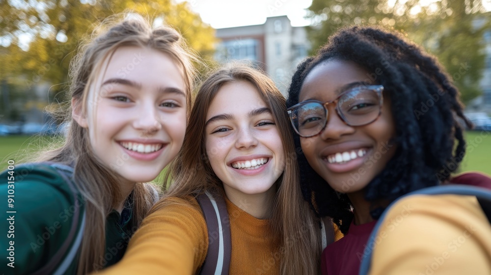 A group of friends laughing and smiling as they take a selfie together A group of friends laughing and smiling as they take a selfie together
